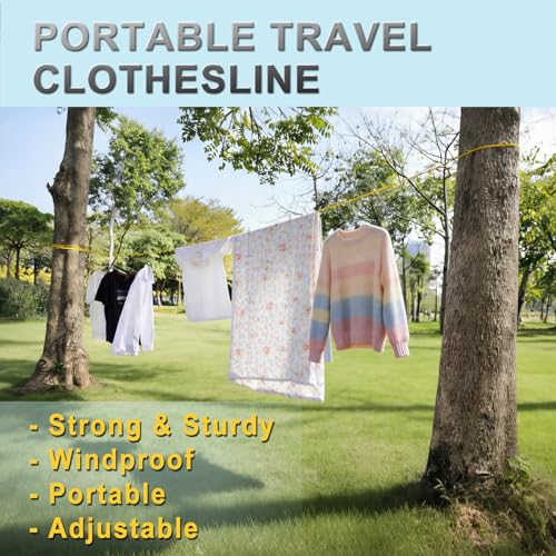 Portable Travel Clothesline, Windproof Clothes Laundry Line with Clothespins & Hang Holes, Indoor & Outdoor Clothes Drying Rope for Hotel, Backyard,Cruise Ships, Camping (Yellow, 20 Ft) - size: 20 Ft