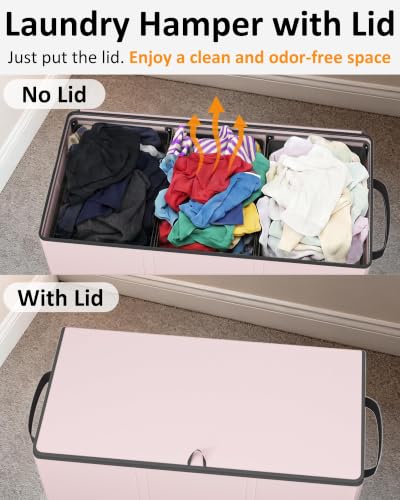 Optish 180L Laundry Hamper 3 Section, Large Hamper with Mesh Bags & Lid - color: Pink