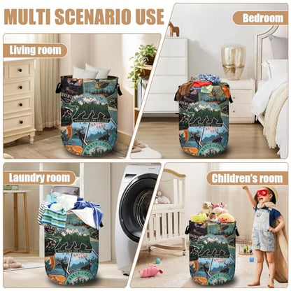 Retro Mountain Bear Laundry Basket, Foldable Wild Animals Laundry Hamper Tote Bag Dirty Clothes Storage Bucket Organizer for Bathroom/Laundry/Bedroom 15.7"x19.6" - color: Bear Deer