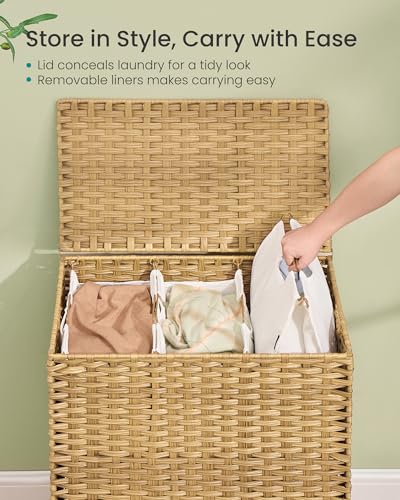 SONGMICS 3-Section Laundry Hamper with Lid, PE Rattan, 42 Gallons (160 L) - color: Goose Yellow, size: 160 L (3 Basket)