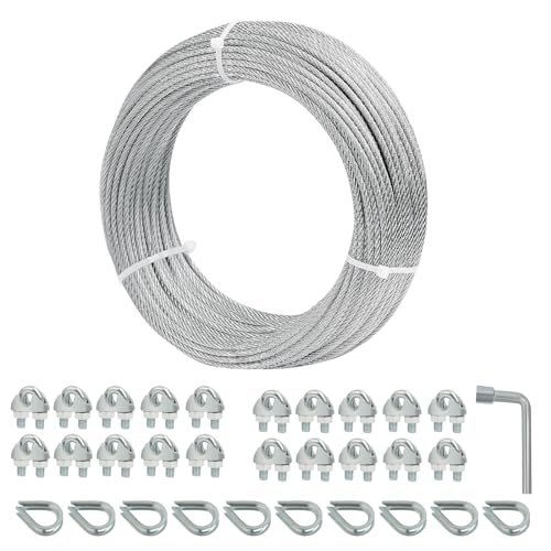 1/8 Galvanized Steel Wire Rope Cable, 100FT Galvanized Steel Cable with Rope Clamp and Thimble, 7X7 Strand Core Aircraft Cable Used for Anchored Shed, Fencing, Sunshade, Clothesline, - size: 3mm, style: 100FT