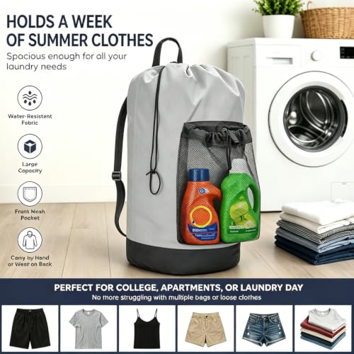 Laundry Bag Backpack Foldable Laundry Backpack College with Straps Large Capacity Portable Laundry Bags for College Travel Laundry Room (Gray) - color: Gray