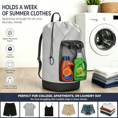 Laundry Bag Backpack Foldable Laundry Backpack College with Straps Large Capacity Portable Laundry Bags for College Travel Laundry Room (Gray) - color: Gray
