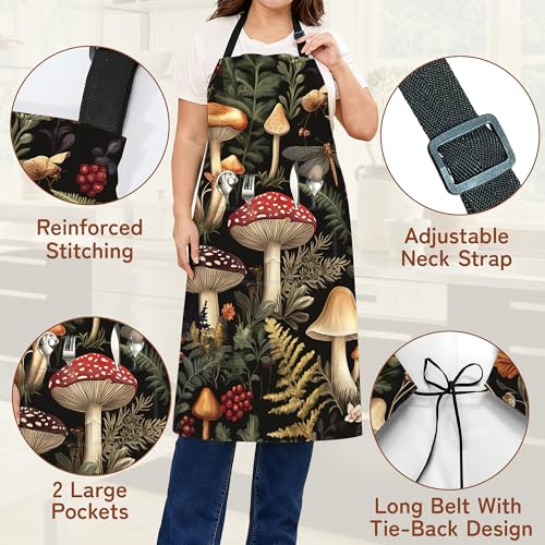 Cooking Aprons for Men and Women,Adjustable Bib Chef Apron with 2 Pockets, Soft and Durability Kitchen Apron - color: Mushroom Berry Dragonfly Forest