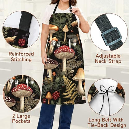 Cooking Aprons for Men and Women,Adjustable Bib Chef Apron with 2 Pockets, Soft and Durability Kitchen Apron - color: Mushroom Berry Dragonfly Forest
