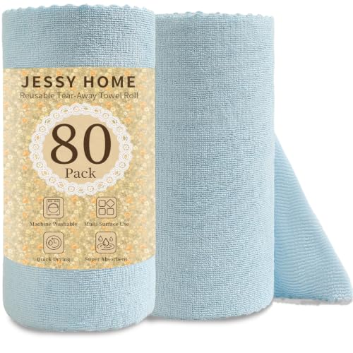 Jessy Home 80 Pack Microfiber Cleaning Cloth Roll Reusable Paper Towels 12"x12" Tear Away Cloth, Microfiber Towels for Cars, Wash Cloths, Lint Free Rags for House, Kitchen,Window,Cleaning Supplies - color: Blue