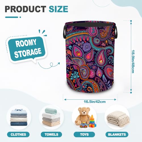 Purple Boho Paisley Portable Laundry Hamper,Colorful Floral Collapsible Clothes Basket with Handles,Waterproof Oxford Cloth Organizer for Dorm Bedroom Bathroom Nursery,16 x 20 Inch - color: Purple Boho Paisley,Colorful Floral