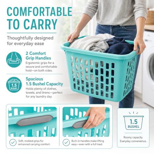 Teal Laundry Basket 1.5 Bushel Square with 2 Handles - color: Blue 1.5 Bushel