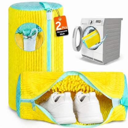 2-Pack Shoe Washing Machine Bag, Microfiber Chenille Laundry Bag for Sneakers - Self-Locking Zipper, 360° Deep Clean, Noise Reduction, Fits All Shoe Sizes, for Tennis Running & Kids Shoes