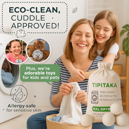 Laundry Wool Dryer Balls | Natural Fabric Softener – Reusable, Eco-Friendly, Reduces Drying Time – Wool Balls Replaces Dryer Sheets - 6 XL Pack - Laundry Balls for Dryer