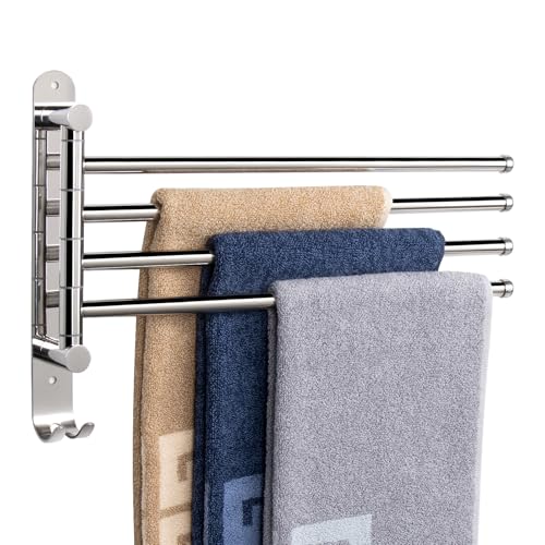 NearMoon Swivel Towel Rack, 13.8" Thicken 304 Stainless Steel 4-Arm Towel Bar, Space Saving Wall Mounted Towel Holder with Hook, Rustproof Swing Out Towel Hanger for Bathroom, Kitchen (Chrome Finish) - color: Chrome Finish, size: 13.8 Inch-Round