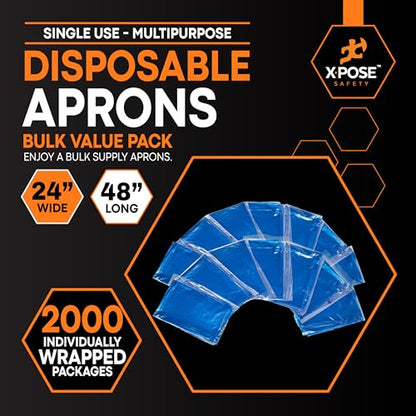 Xpose Safety 2000 Pack Blue Plastic Disposable Bulk Aprons, Individually Wrapped Waterproof Polyethylene Aprons for Cooking, Food Service & Cleaning, 1 Mil, 24" x 48" - color: Blue