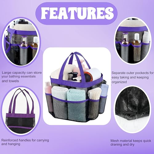 Mesh Shower Caddy Portable - 9 Pockets, Shower Bag for Dorm Room Camping - color: Purple