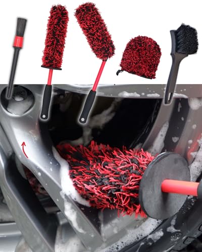 oesee Professional 4 Pack Long Handle Wheel Brush Kit for Cleaning Wheel and Tire- 2X Soft Wheel Cleaning Brush, Detailing Brush and Stiff Tire Brush, Bendable& Durable Wheel Rim Cleaner Brush Set - size: 5 Pack (Red & Black)