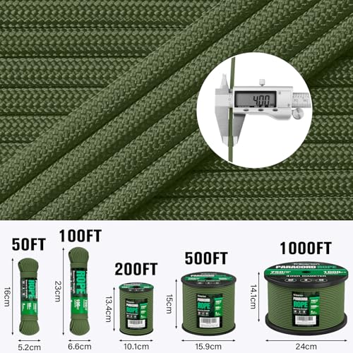 Paracord Rope 750 lb - 1000ft 5/32" Parachute Cord 4MM 12-Strand para Cord - Heavy Duty Spool String for Survival,Camping Gear, Survival Bracelet, Clothesline - Army Green - color: Army Green, size: 1000ft