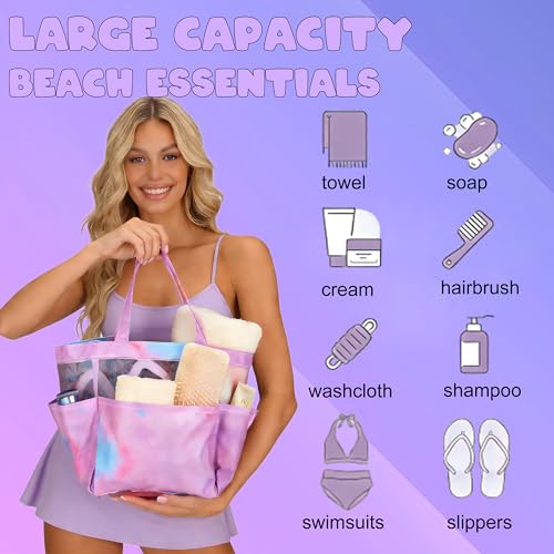 Mesh Shower Caddy Portable - 9 Pockets, Shower Bag for Dorm Room Camping - color: gradient purple