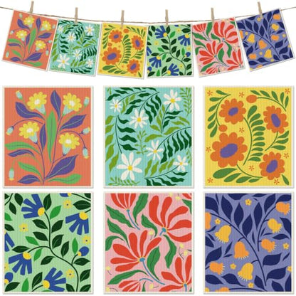 6 Pcs Swedish Paper Cloths for Kitchen, Reusable Paper Towels Washable - color: Bright Abstract Floral