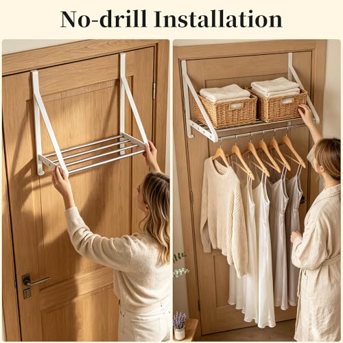 Over Door Clothes Drying Rack 13"-23" Length No Drill for Apartment Rental - color: White