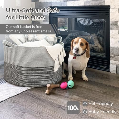 INDRESSME XXXLarge Woven Rope Blanket Basket Living Room Grey, 90L - color: Light & Dark Grey, size: 21.7"D x 13.8"H