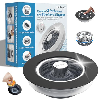 Hibbent 3 in 1 Kitchen Sink Drain Strainer, Stainless Steel Pop Up Stopper - color: Matte Black