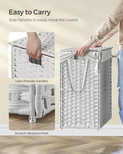 SONGMICS Laundry Hamper with Lid, 23.8 Gal (90 L) Synthetic Rattan,Foldable - color: Cloud White, size: 90 L