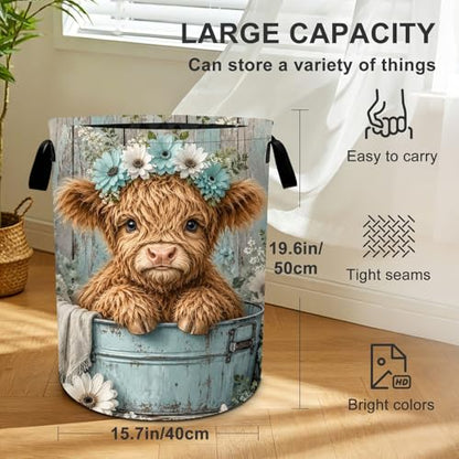 Highland Cow Laundry Basket Collapsible Oxford Laundry Hamper Clothes Storage Bin with Handles for Bedroom Bathroom Laundry Room 19.6 x 15.7 Inches - color: Highland Cow