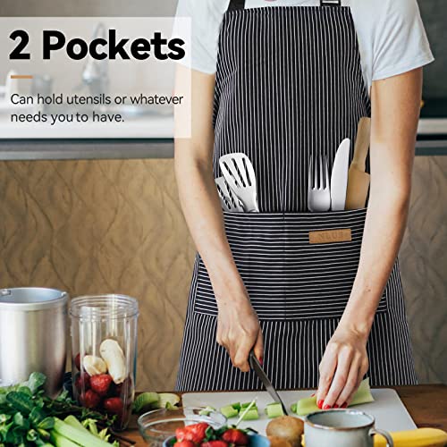 NLUS 2 Pcs Kitchen Cooking Aprons, Poly/Cotton Blend Adjustable Soft Bib Stripe Aprons with 2 Pockets for Women Men Chef (Blue Pinstripes/Black Pinstripes) - color: Blue/Black
