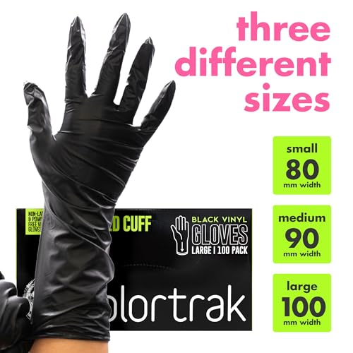 Colortrak Black Vinyl Gloves, Extended Cuff, 100 Count, Large - size: Large