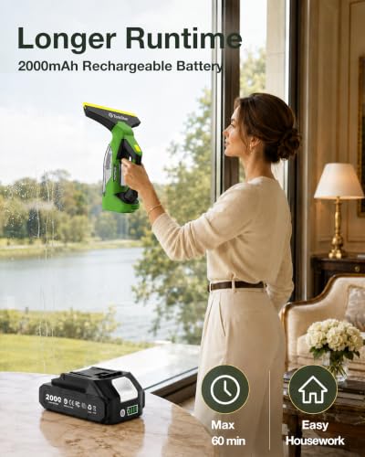 TaskStar Window Vacuum Squeegee Cordless: Electric Window Cleaner Tool with 2000Pa Suction, 2000mAh Detachable Battery, 150ml Water Tank, 11in & 6.7in Blades for Glass, Shower Doors, Mirrors, Tiles