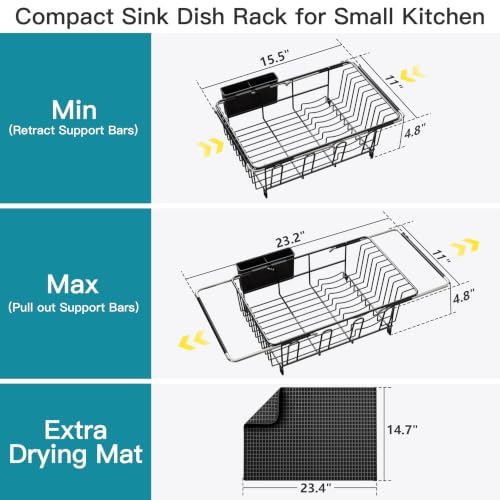 JASIWAY Black Dish Drying Rack in Sink with Mat, Cups and Utensil Holder - color: Black, size: For 12"-30"w Sink, with Mat