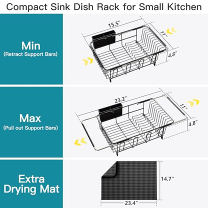 JASIWAY Black Dish Drying Rack in Sink with Mat, Cups and Utensil Holder - color: Black, size: For 12"-30"w Sink, with Mat