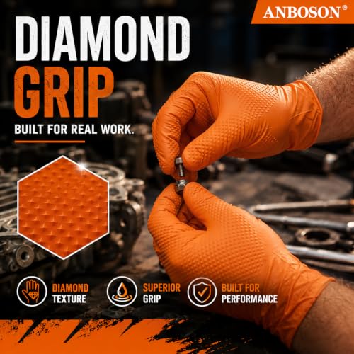 ANBOSON 10 Mil Heavy Duty Diamond Texture Nitrile Gloves, Large, 100 Ct - color: Orange of 100, size: Large