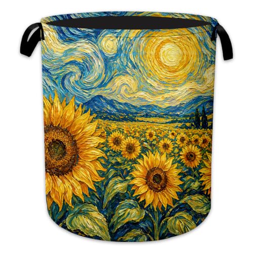Sunflower Field Laundry Basket, Foldable Oxford Cloth Starry Sky Laundry Hamper with Handles, Tote Bag Clothes Storage Bucket for Laundry Room/Bathroom/Bedroom/Dormitories 20.8"x16" - color: Sunflower Field