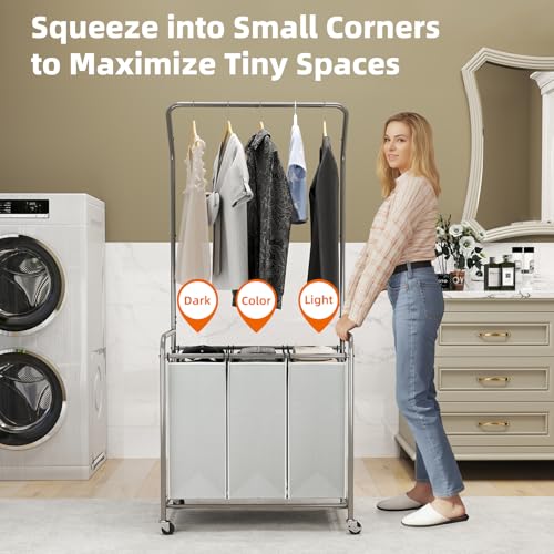ROMOON Rolling Laundry Basket Organizer with Hanging Clothes Rack: 3 Section Laundry Hamper Sorter with Hanging Bar and Heavy-duty Lockable Wheels - Clothes Rack with Laundry baskets, 2025 Upgrade
