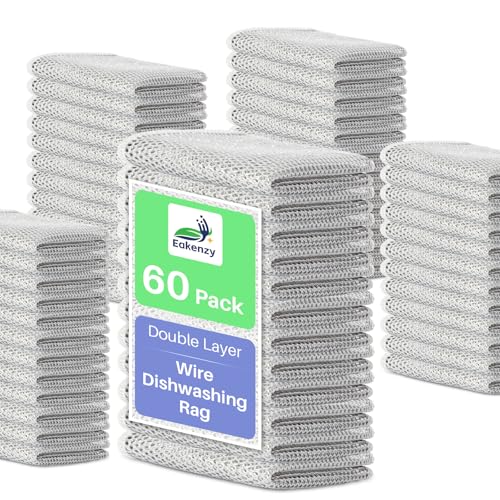 Non Scratch Wire Dishcloth, Multipurpose Wire Dishwashing Rag for Wet and Dry, Steel Cloth for Washing Dishes, Rust Removal Cleaning Cloth Kitchen, No Odor, Double Layer, 60 Pack - size: 60 Pack