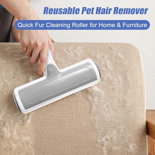 Roller Pet Hair Remover – Reusable Lint Roller for Dog & Cat Hair on Furniture, Couch, Carpet, Rugs, Bedding & Car – Portable, Eco-Friendly (White Gray)