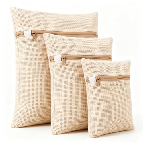 Cotton Mesh Laundry Bags, Set of 3 Premium Soft Undyed Wash Bags for Delicates, Bras, Underwear, Clothes and Shoes, Natural Breathable Washer and Dryer Safe Laundry Protector Bags - color: milky white, size: Medium