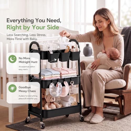 Heavy Duty 3 Tier Rolling Cart Metal with Wheels,Three Tiered Rolling Carts - color: Mystic Black