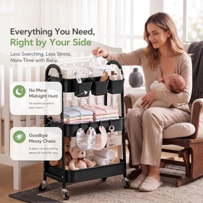 Heavy Duty 3 Tier Rolling Cart Metal with Wheels,Three Tiered Rolling Carts - color: Mystic Black