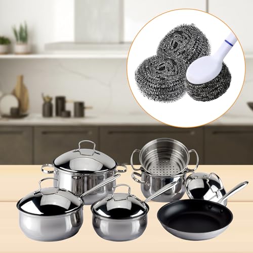 Kitchen Cleaning kit, 3 Pairs Reusable Waterproof Household Dishwashing Cleaning Gloves, 6 PCS Steel Wool Scrubbers with Handle, 5 PCS Crevice Cleaning Brush Set.