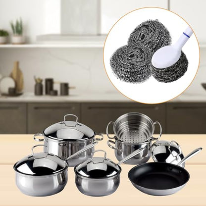 Kitchen Cleaning kit, 3 Pairs Reusable Waterproof Household Dishwashing Cleaning Gloves, 6 PCS Steel Wool Scrubbers with Handle, 5 PCS Crevice Cleaning Brush Set.