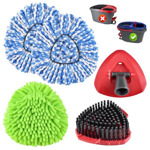 Mop Heads Replacement for Ocedar Mop Replace Heads for O Cedar RinseClean 2 Tank Spin Mop Include 2 Pack Microfiber Mop Refills 1 Green Chenille Head 1 Upgrade Scrubber Brush & 1 Mop Base