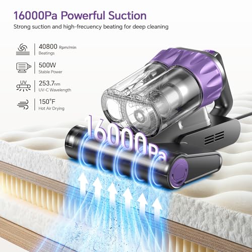 Bed Mattress Vacuum Cleaner - 18 KPa Suction,150°F Heat,Aroma,253.7nm UV-C