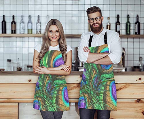 EKOBLA Peacock Feathers Aprons Animal Beautiful Colorful Digital Paint Shiny Green Purple Waterproof Resistant Chef Cooking Kitchen BBQ Adjustable Aprons for Women Men 27x31 Inch - color: Multi-a05