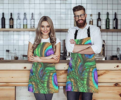 EKOBLA Peacock Feathers Aprons Animal Beautiful Colorful Digital Paint Shiny Green Purple Waterproof Resistant Chef Cooking Kitchen BBQ Adjustable Aprons for Women Men 27x31 Inch - color: Multi-a05