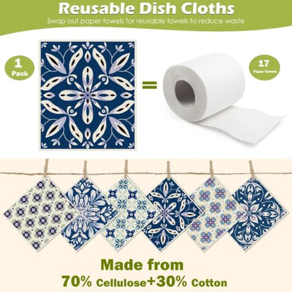 6 Pcs Swedish Paper Cloths for Kitchen, Reusable Paper Towels Washable - color: Blue Ornamentation