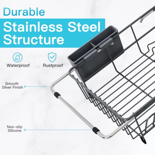 JASIWAY Gray Dish Drying Rack in Sink, Dish Drainer with Utensil Holder - color: Dark Gray, size: For 12"-30"w Sink