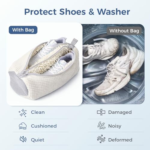 Shoe Washing Machine Bag for Sneakers, Double Compartment Shoe Laundry Bag with Chenille Microfiber, Durable Mesh Shoe Wash Bag for Washer & Dryer, Sneaker Cleaner for Running, Tennis & Kids Shoes - color: White