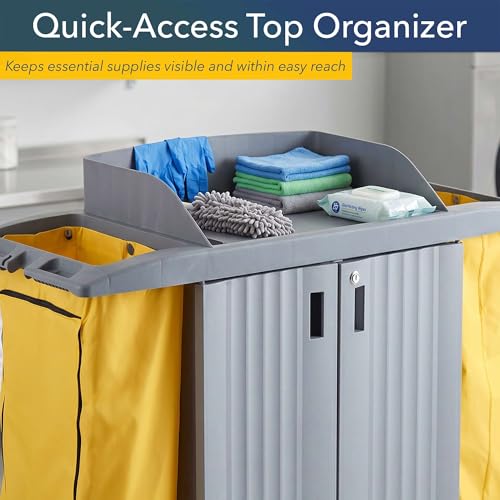 60” x 21” x 50” Large Locking 3-Shelf Multifunctional Housekeeping Cart - Commercial Hotel Cart with 2 Zippered Vinyl Bags, 8 Top Compartments, Underdeck Shelf, Fender Wheels, Locking Casters - 220 lb - size: Large (3 Shelf)