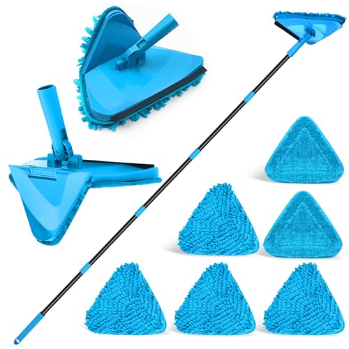 NEWE Wall Mop Cleaner with 80 Inch Long Handle, 180° Folding Ceiling Cleaner with Squeegee, Cabinet Cleaning Tool, Wall Scrubber, Triangle Baseboard Scrubber, 4 Chenille Duster & 2 Microfiber Pads - color: Blue